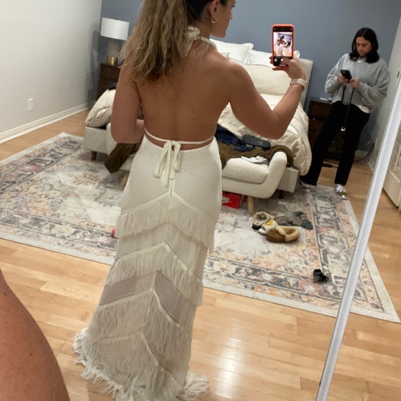 $2100 Raisa Vanessa Women's ivory Halter Neck Fringe Maxi Dress Size FR 38/ US 6 - Picture 4 of 5